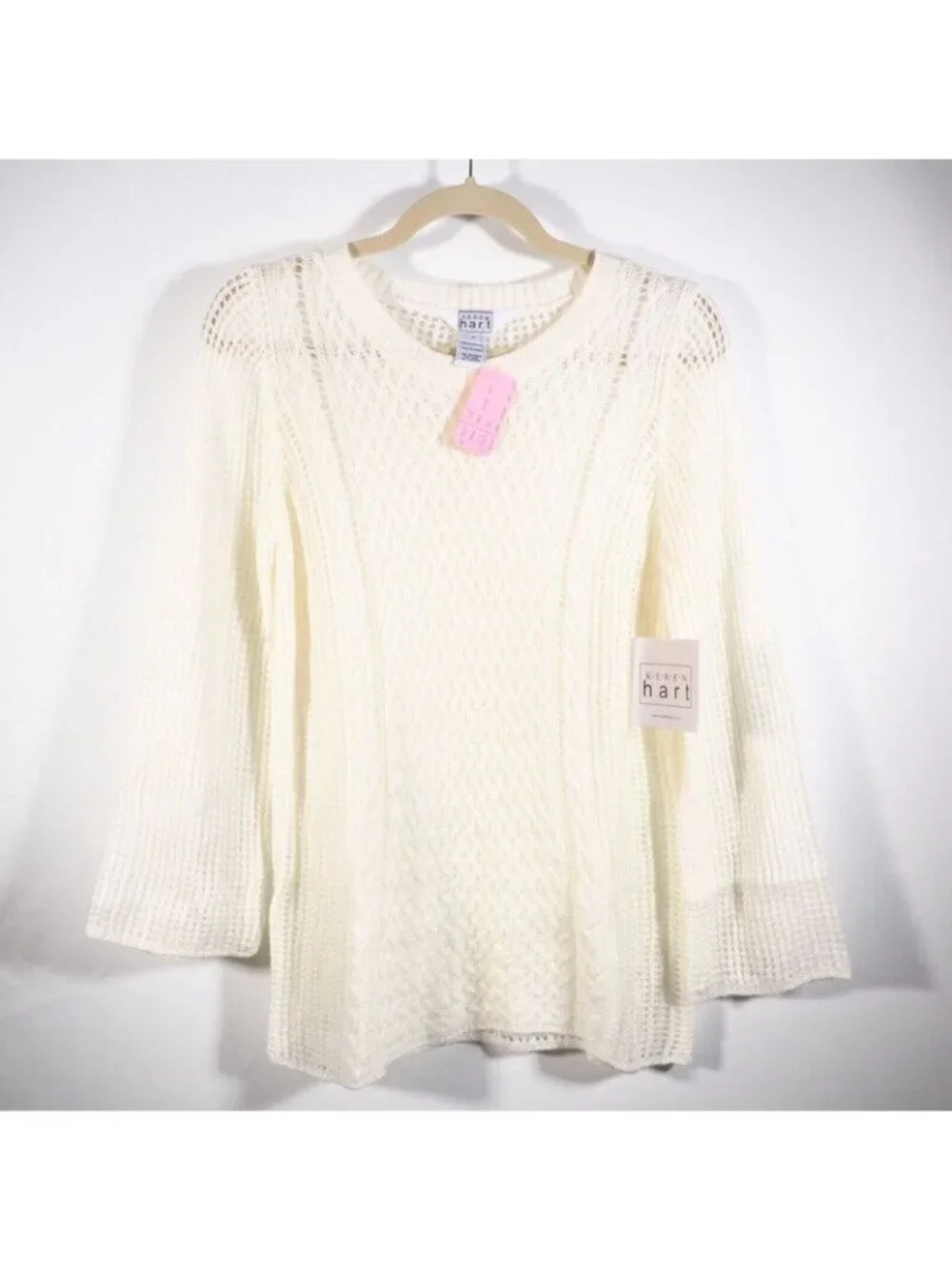 Keren Hart Womens Sweater SIze M Crocheted Ivory Crew Neck Bell Long Sleeve
